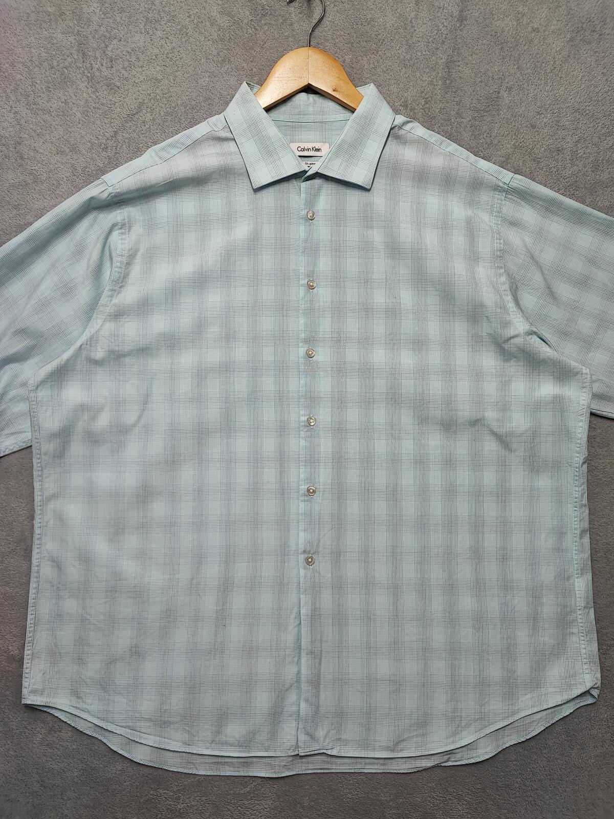 Vintage Calvin Klein Checked Long Sleeve Shirt Turquoise Pima Cotton Men's XXL