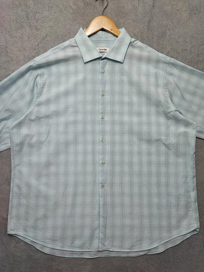 Vintage Calvin Klein Checked Long Sleeve Shirt Turquoise Pima Cotton Men's XXL