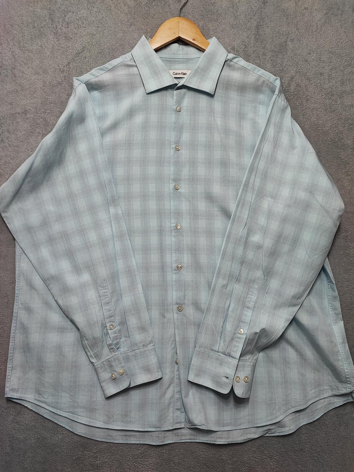 Vintage Calvin Klein Checked Long Sleeve Shirt Turquoise Pima Cotton Men's XXL