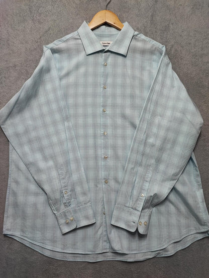Vintage Calvin Klein Checked Long Sleeve Shirt Turquoise Pima Cotton Men's XXL
