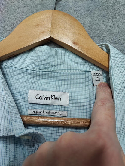 Vintage Calvin Klein Checked Long Sleeve Shirt Turquoise Pima Cotton Men's XXL