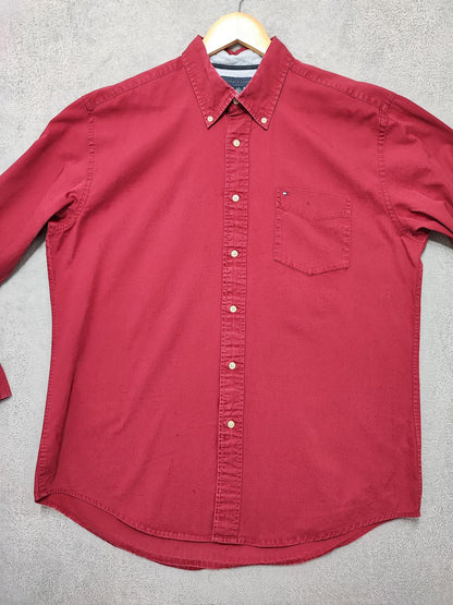 Vintage Tommy Hilfiger Plain Long Sleeve Shirt Vibrant Red Men's Size XL
