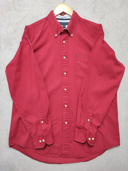 Vintage Tommy Hilfiger Plain Long Sleeve Shirt Vibrant Red Men's Size XL