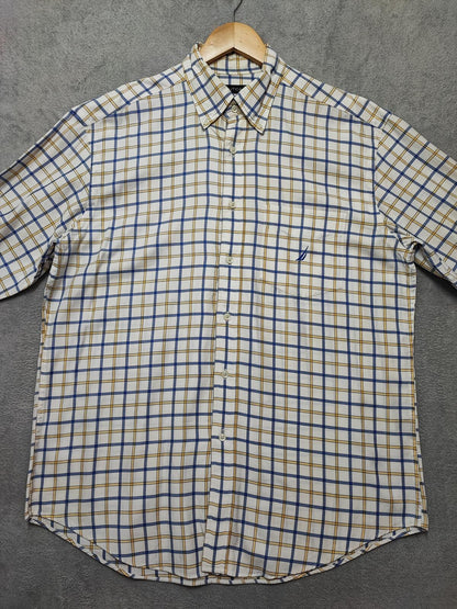 Vintage Nautica Checked Long Sleeve Two-Ply Cotton Sailing Shirt Men Size XL