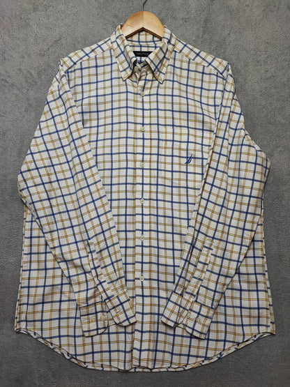 Vintage Nautica Checked Long Sleeve Two-Ply Cotton Sailing Shirt Men Size XL