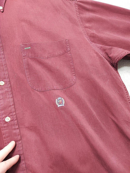 Vintage Tommy Hilfiger Plain Long Sleeve Big Shirt Burgundy Men Size XXL