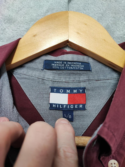 Vintage Tommy Hilfiger Plain Long Sleeve Big Shirt Burgundy Men Size XXL
