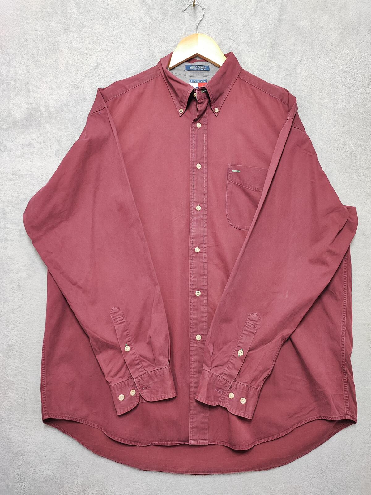 Vintage Tommy Hilfiger Plain Long Sleeve Big Shirt Burgundy Men Size XXL