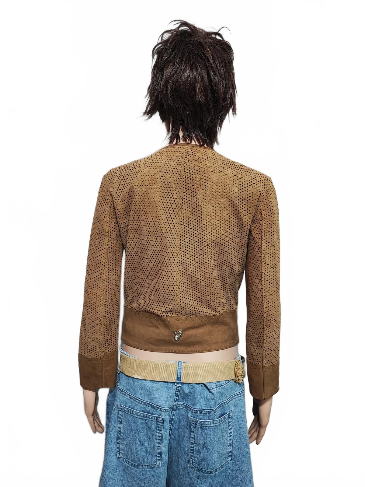 Vintage Versace Jeans Couture Laser Cut Brown Goat Leather Suede Jacket Women S