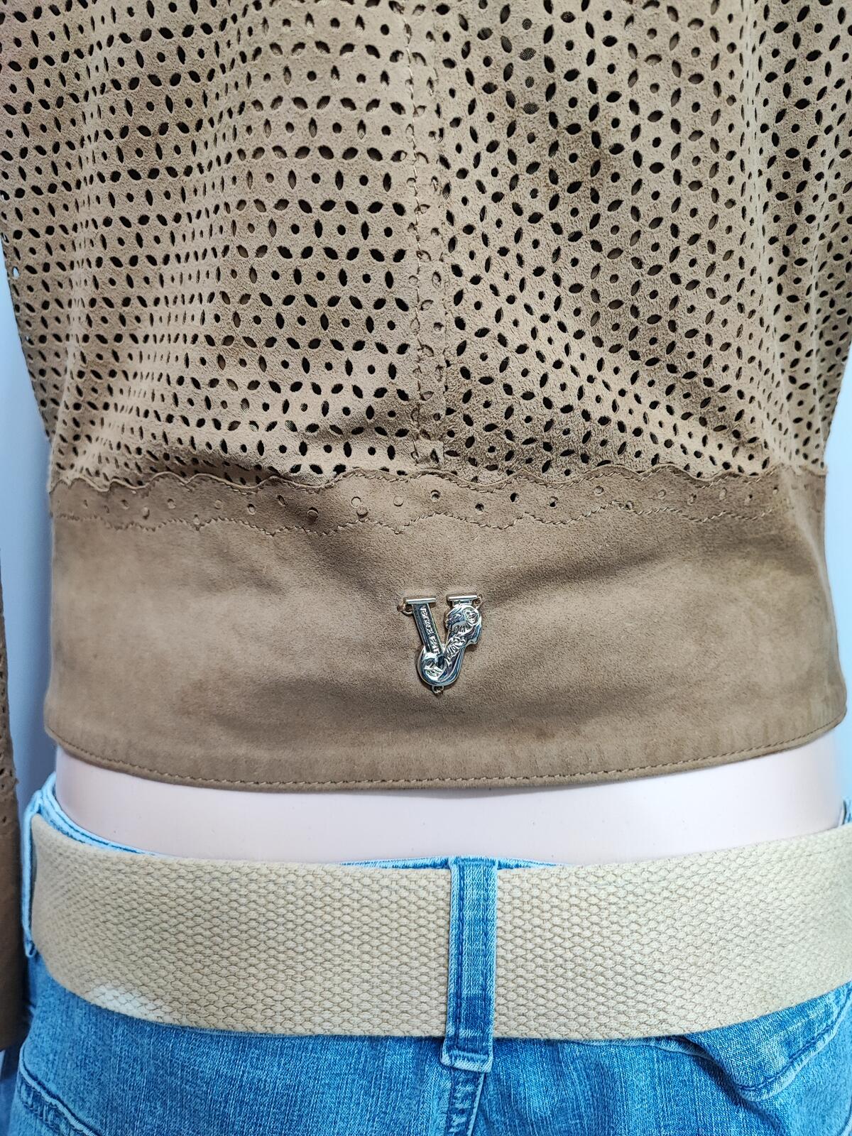 Vintage Versace Jeans Couture Laser Cut Brown Goat Leather Suede Jacket Women S