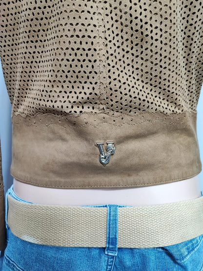 Vintage Versace Jeans Couture Laser Cut Brown Goat Leather Suede Jacket Women S