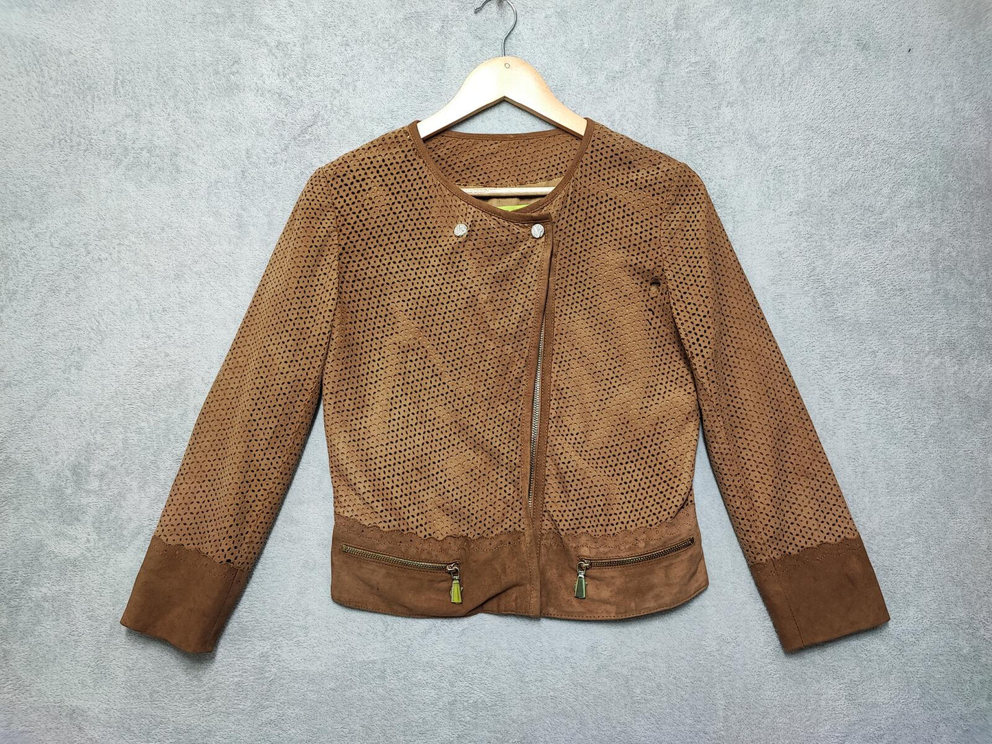Vintage Versace Jeans Couture Laser Cut Brown Goat Leather Suede Jacket Women S