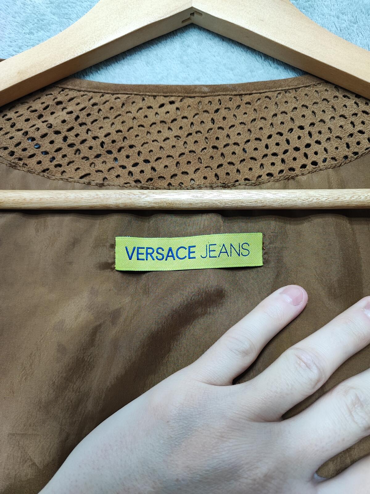 Vintage Versace Jeans Couture Laser Cut Brown Goat Leather Suede Jacket Women S