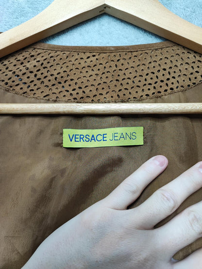 Vintage Versace Jeans Couture Laser Cut Brown Goat Leather Suede Jacket Women S