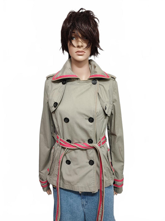 Vintage Superdry Beige Cotton Cropped Belted Trench Coat Jacket Women Medium