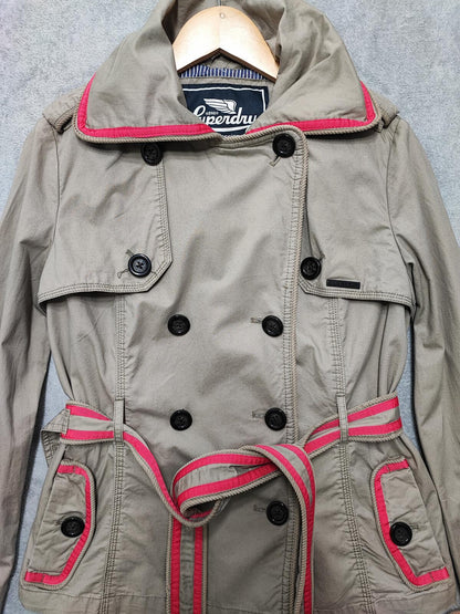 Vintage Superdry Beige Cotton Cropped Belted Trench Coat Jacket Women Medium