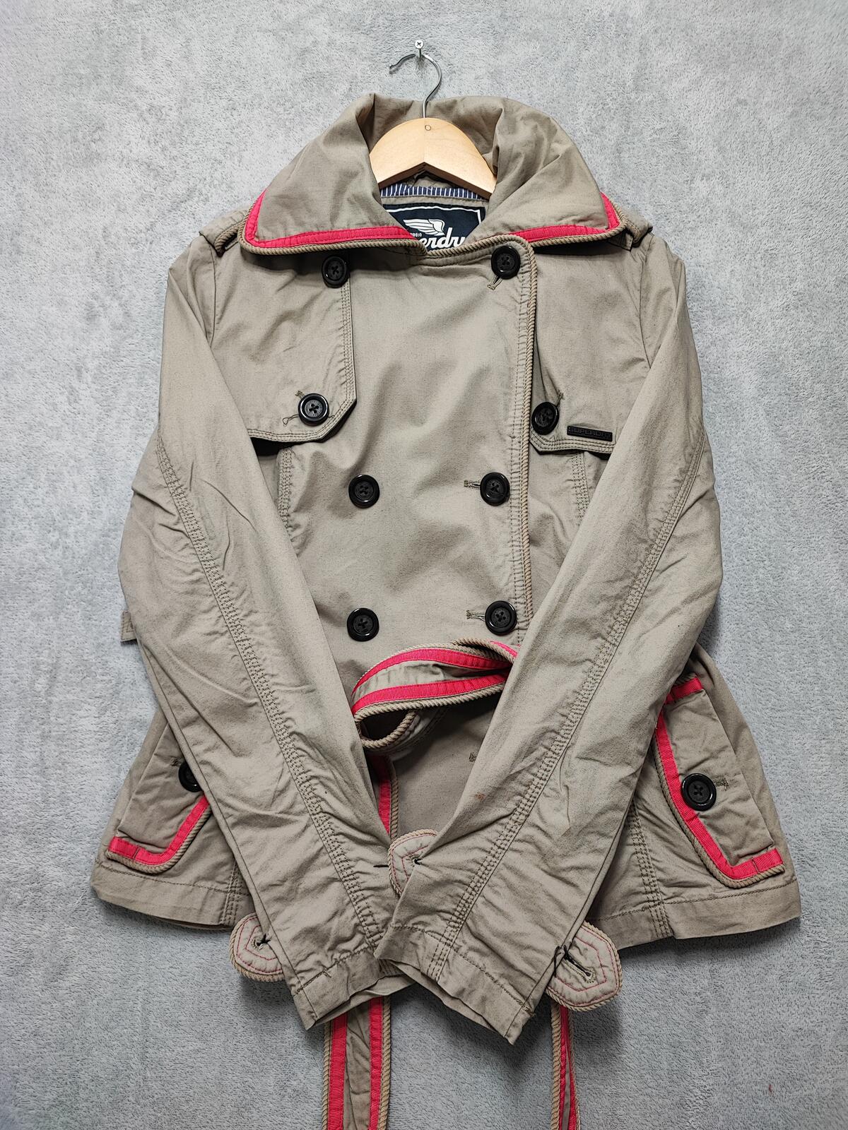 Vintage Superdry Beige Cotton Cropped Belted Trench Coat Jacket Women Medium