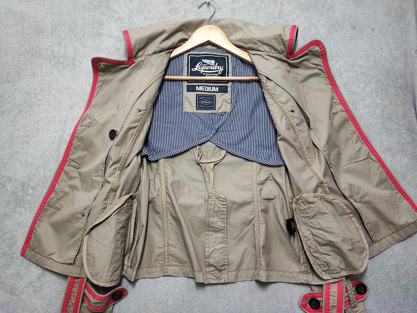 Vintage Superdry Beige Cotton Cropped Belted Trench Coat Jacket Women Medium