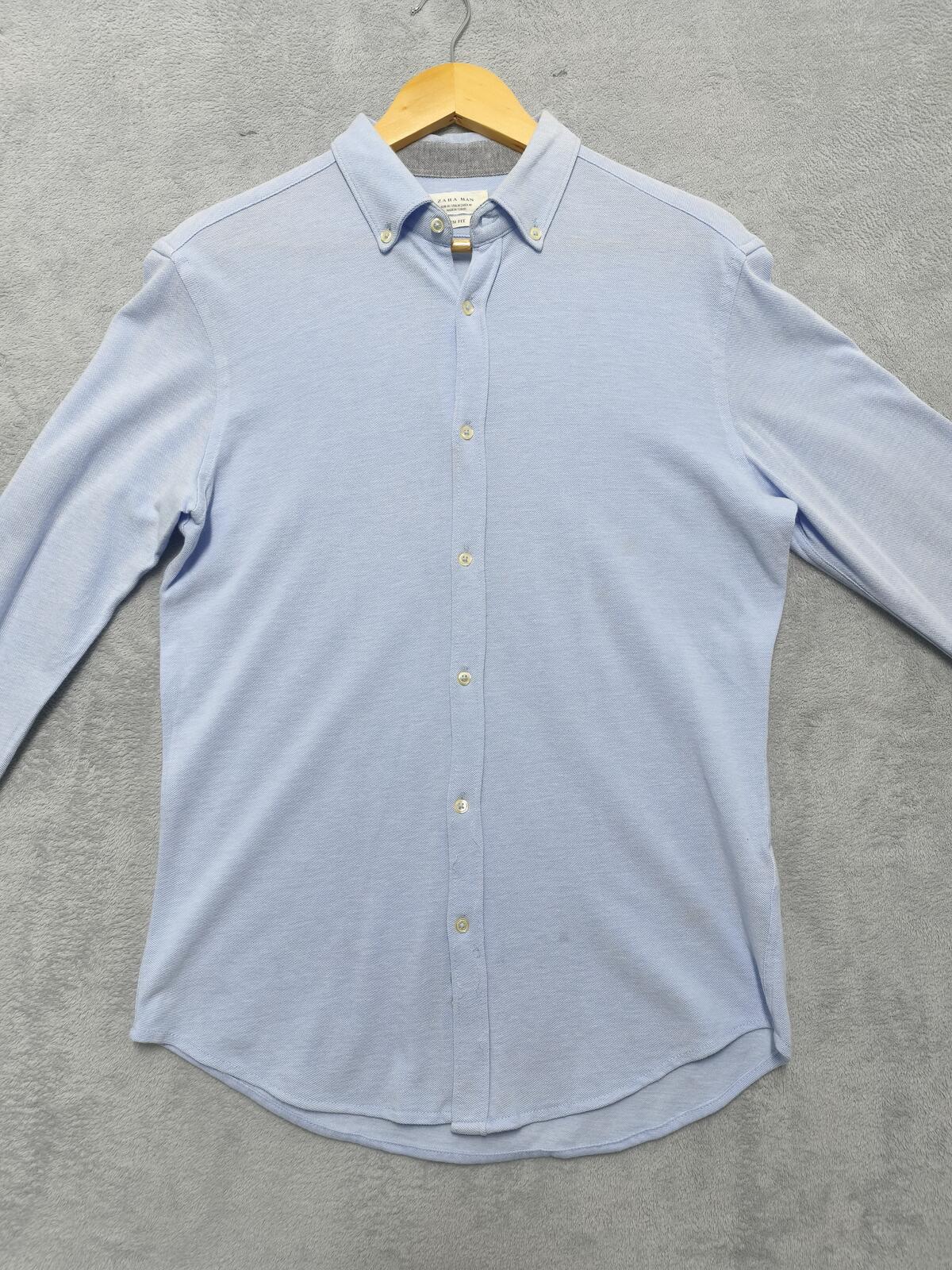 Vintage Zara Man Plain Long Sleeve Shirt Blue Contrast Elbow Patches Men Size M