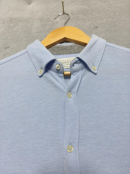 Vintage Zara Man Plain Long Sleeve Shirt Blue Contrast Elbow Patches Men Size M