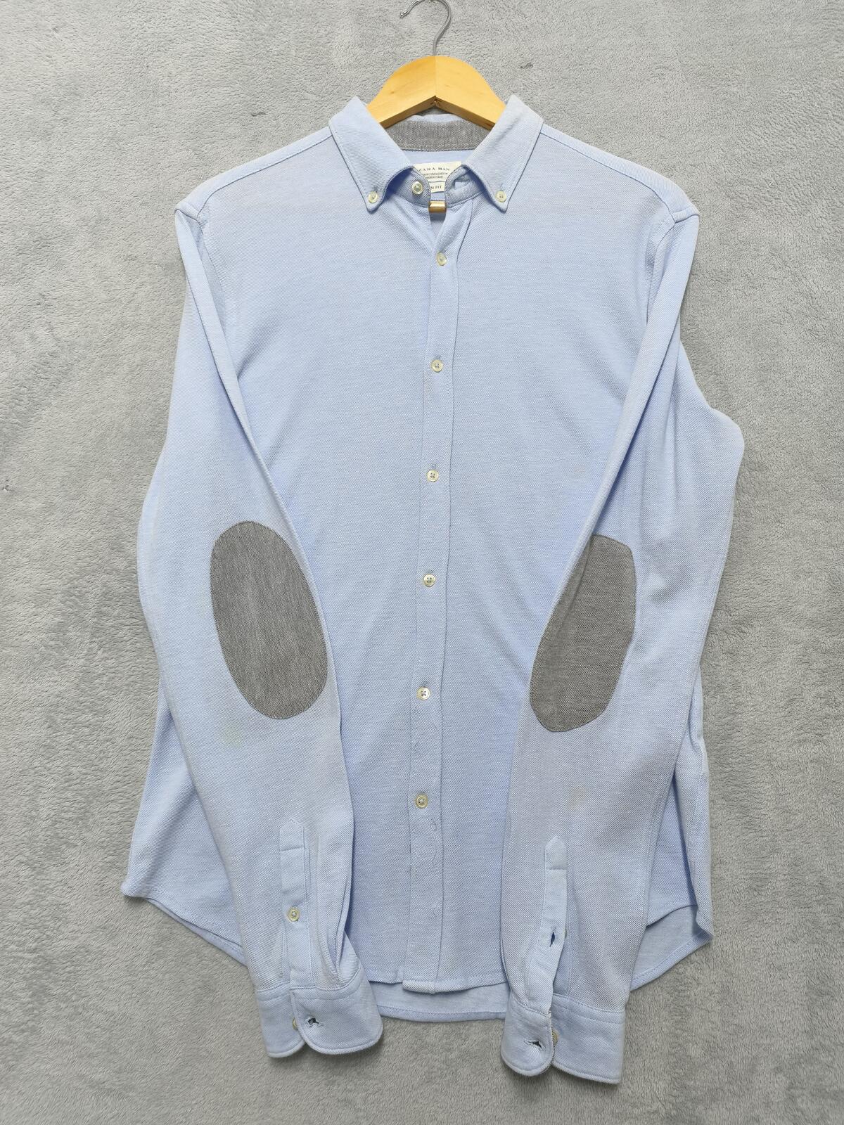 Vintage Zara Man Plain Long Sleeve Shirt Blue Contrast Elbow Patches Men Size M