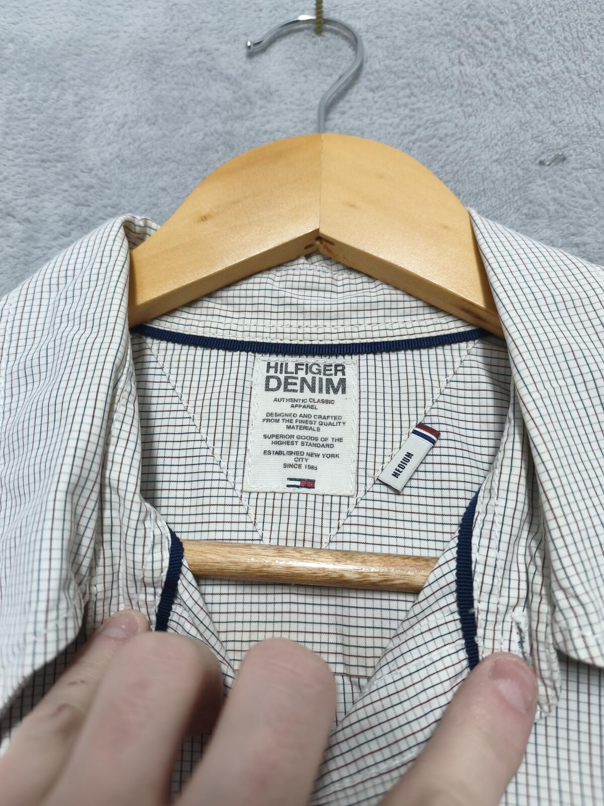 Vintage Tommy Hilfiger Checked Long Sleeve Shirt White Blue Men's Size Medium M