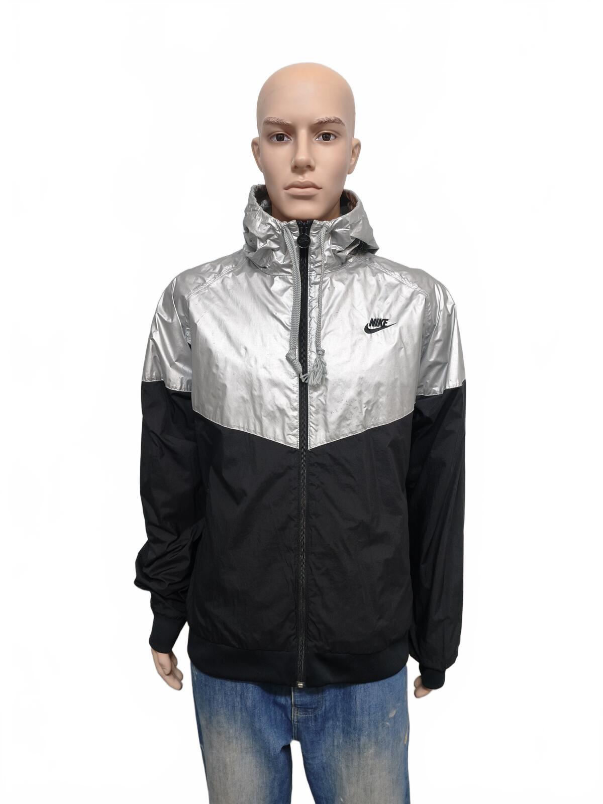 Vintage Nike "Big Shirt" Era Metallic Silver Foil & Black Swoosh Windbreaker XXL