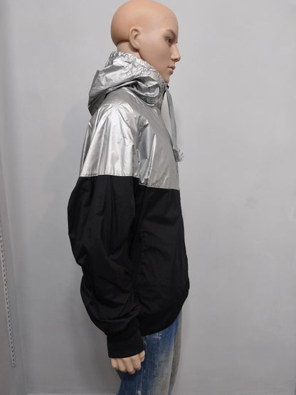 Vintage Nike "Big Shirt" Era Metallic Silver Foil & Black Swoosh Windbreaker XXL