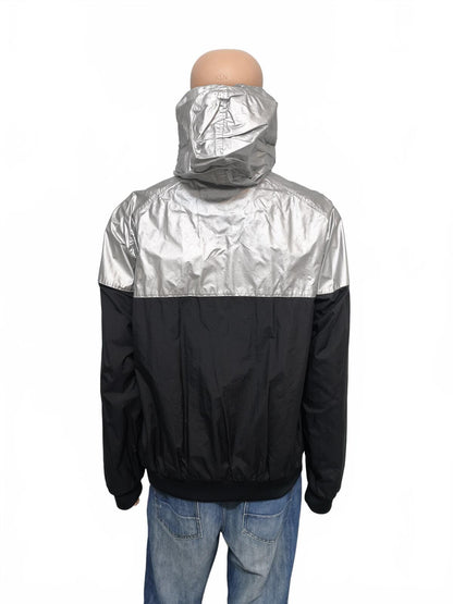 Vintage Nike "Big Shirt" Era Metallic Silver Foil & Black Swoosh Windbreaker XXL