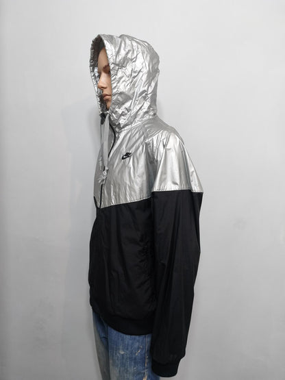 Vintage Nike "Big Shirt" Era Metallic Silver Foil & Black Swoosh Windbreaker XXL