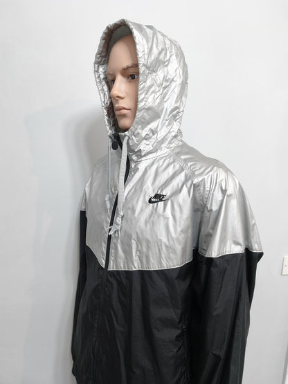 Vintage Nike "Big Shirt" Era Metallic Silver Foil & Black Swoosh Windbreaker XXL