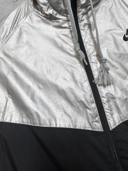 Vintage Nike "Big Shirt" Era Metallic Silver Foil & Black Swoosh Windbreaker XXL