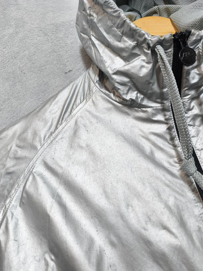 Vintage Nike "Big Shirt" Era Metallic Silver Foil & Black Swoosh Windbreaker XXL