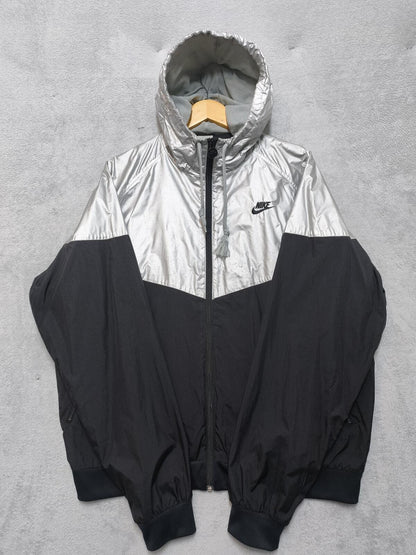 Vintage Nike "Big Shirt" Era Metallic Silver Foil & Black Swoosh Windbreaker XXL