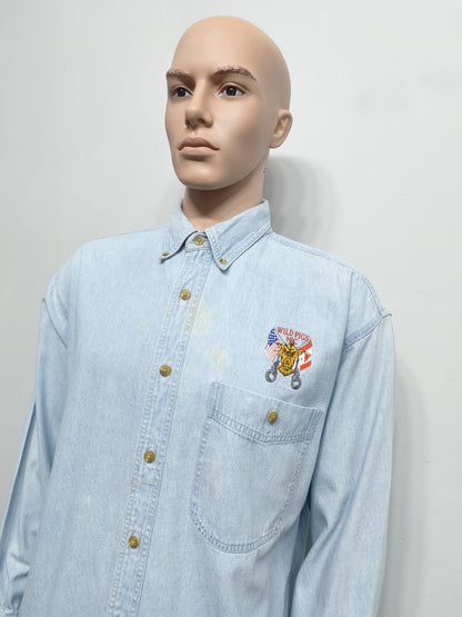 Vintage Lee Wild Pigs MC Custom Denim Long Sleeve Shirt Blue Men's Size XL