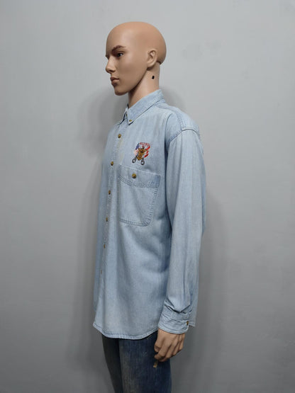 Vintage Lee Wild Pigs MC Custom Denim Long Sleeve Shirt Blue Men's Size XL