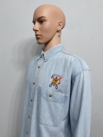Vintage Lee Wild Pigs MC Custom Denim Long Sleeve Shirt Blue Men's Size XL