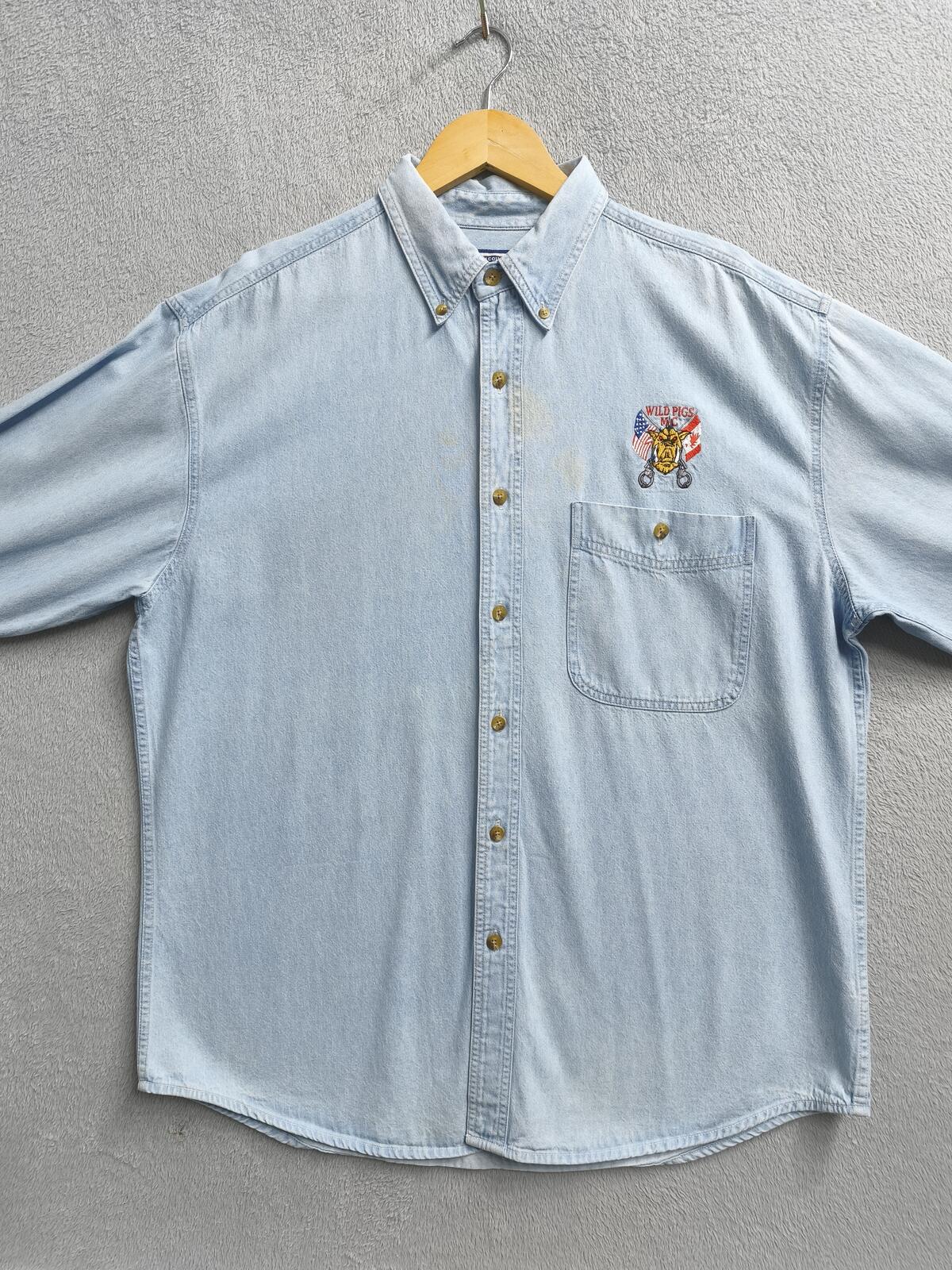 Vintage Lee Wild Pigs MC Custom Denim Long Sleeve Shirt Blue Men's Size XL