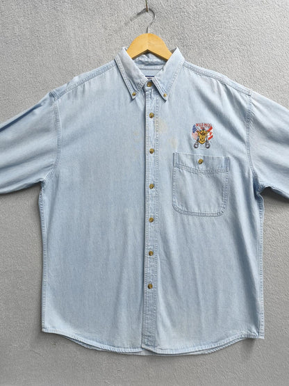 Vintage Lee Wild Pigs MC Custom Denim Long Sleeve Shirt Blue Men's Size XL
