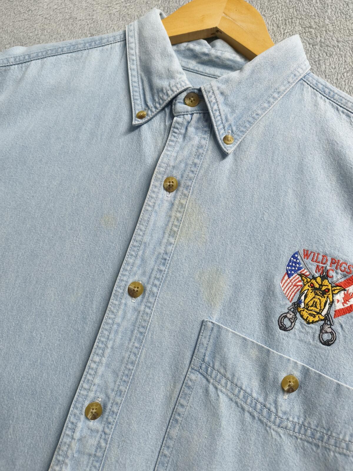 Vintage Lee Wild Pigs MC Custom Denim Long Sleeve Shirt Blue Men's Size XL