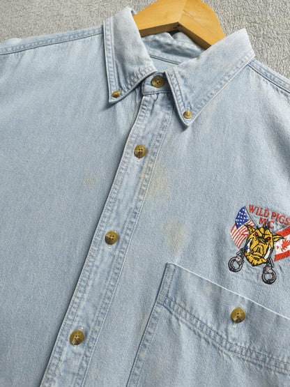 Vintage Lee Wild Pigs MC Custom Denim Long Sleeve Shirt Blue Men's Size XL