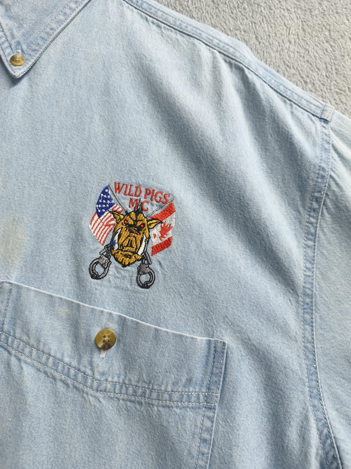 Vintage Lee Wild Pigs MC Custom Denim Long Sleeve Shirt Blue Men's Size XL