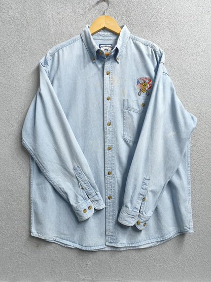 Vintage Lee Wild Pigs MC Custom Denim Long Sleeve Shirt Blue Men's Size XL