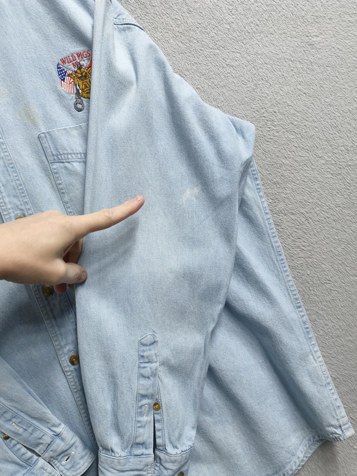 Vintage Lee Wild Pigs MC Custom Denim Long Sleeve Shirt Blue Men's Size XL