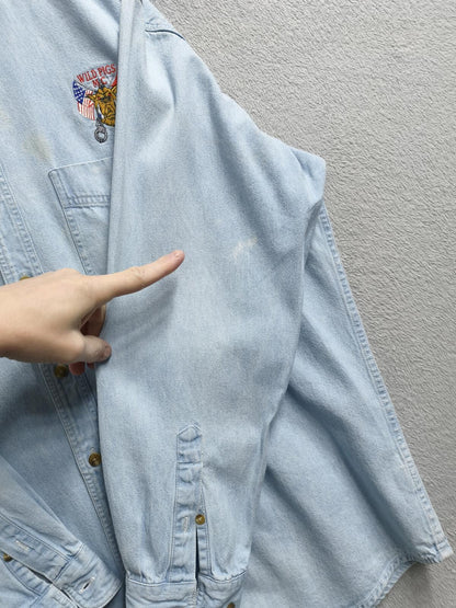 Vintage Lee Wild Pigs MC Custom Denim Long Sleeve Shirt Blue Men's Size XL