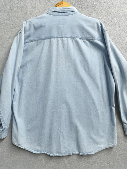 Vintage Lee Wild Pigs MC Custom Denim Long Sleeve Shirt Blue Men's Size XL