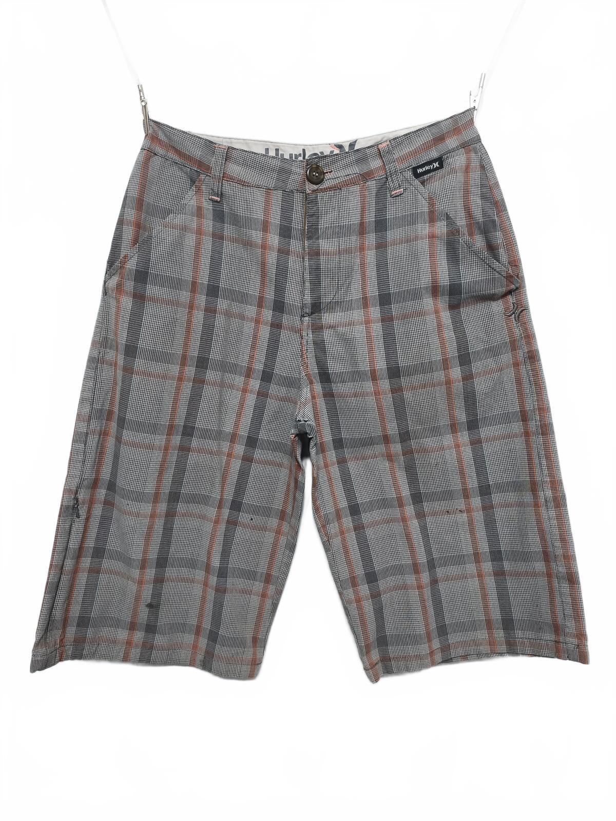 Vintage Hurley Plaid Shorts Grey Orange Y2K Skater Grunge Surf Longline 28W