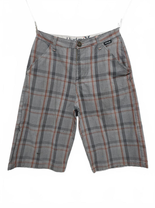 Vintage Hurley Plaid Shorts Grey Orange Y2K Skater Grunge Surf Longline 28W