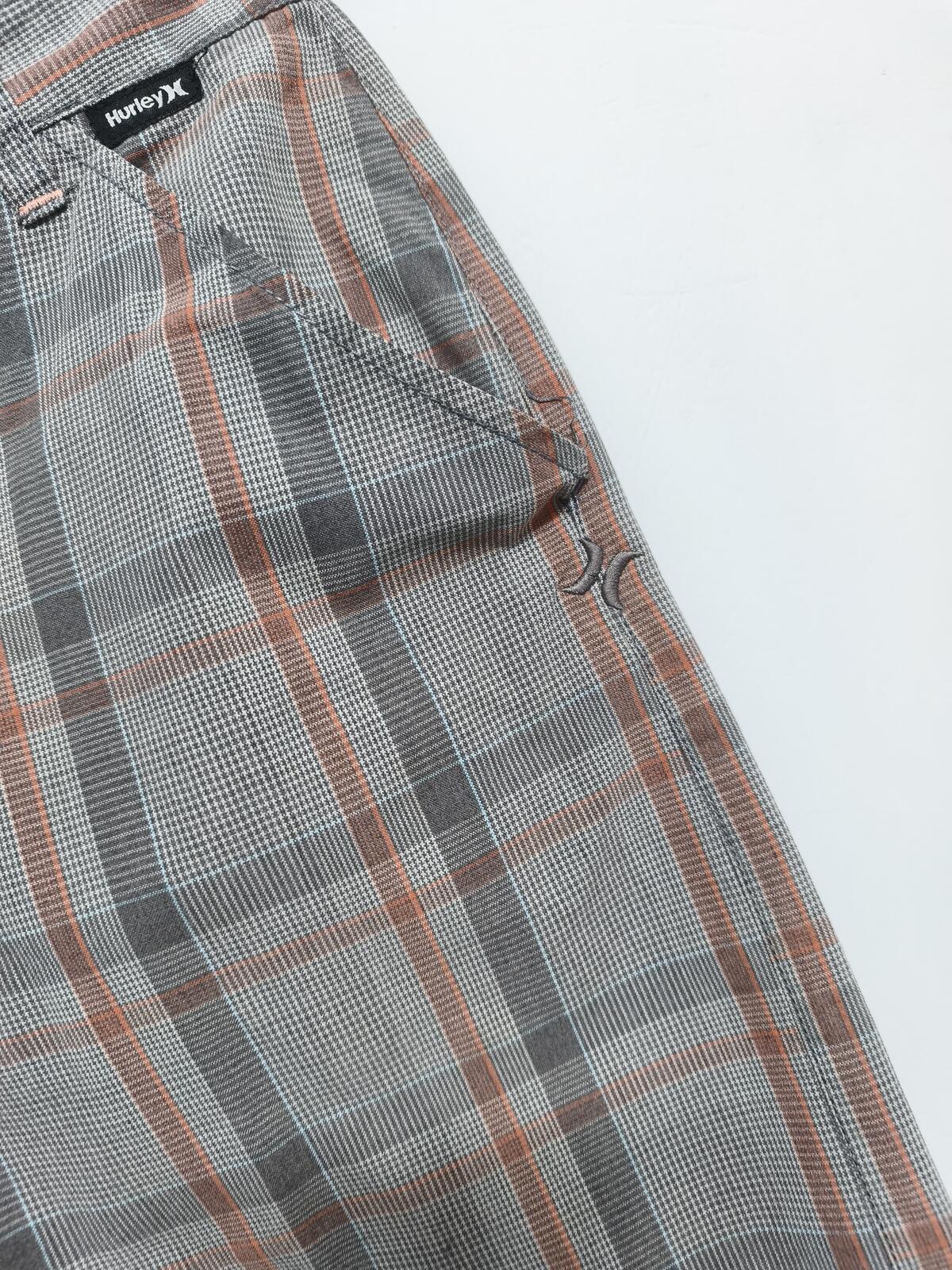 Vintage Hurley Plaid Shorts Grey Orange Y2K Skater Grunge Surf Longline 28W