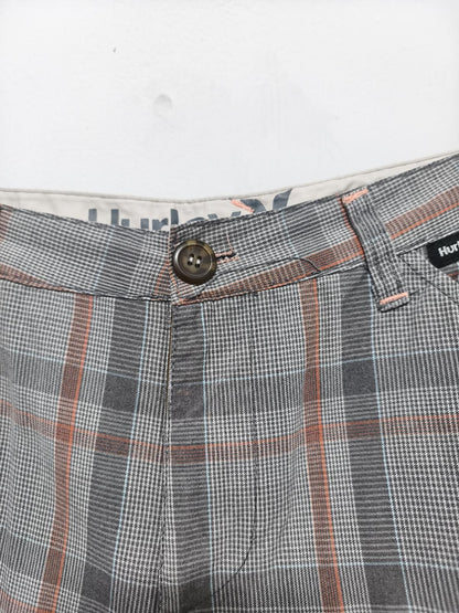 Vintage Hurley Plaid Shorts Grey Orange Y2K Skater Grunge Surf Longline 28W